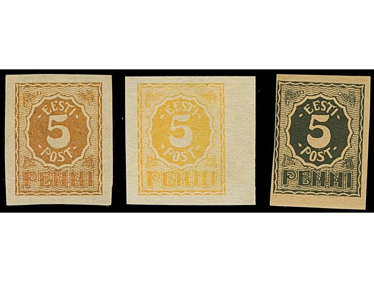 1919, Numerals 5 penni, three different proofs, black on grey paper, bronze on white paper and lemon-yellow on white paper, b