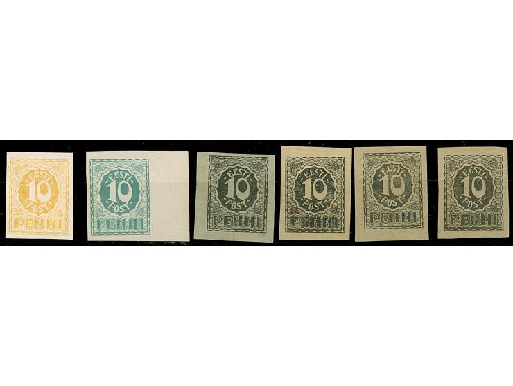 1919, Numerals 10 penni, proofs, on yellow and on greenish-blue, each on chalk paper, on black, one on thin paper and three o
