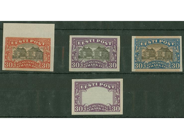 1924, National theater 30 mark, imperforated proofs, in black/lilac, black/red and black/blue plus only frame on lilac, witho