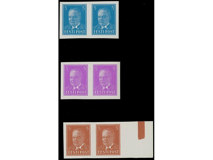 1936, Päts 5 Senti, imperforated proofs, horizontal pairs in blue, violet and brown, mint never hinged, 5 Senti brown one sta
