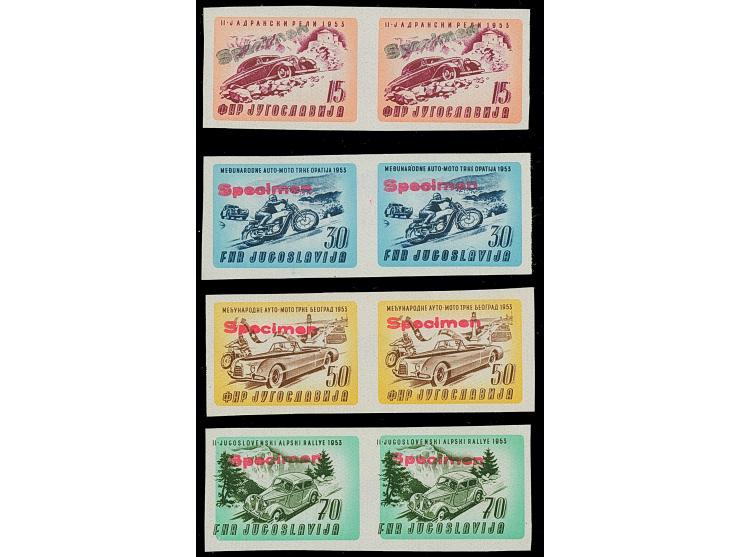 1953, Car and Motorcycle racing 15-70 din., imperforate horizontal pairs with handstamp “Specimen”, mint never hinged, fine