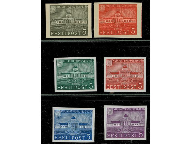1939, Health Resort Pärnu 5 senti, four color proofs on green, blue, red and violet and in addition two proofs in black and r