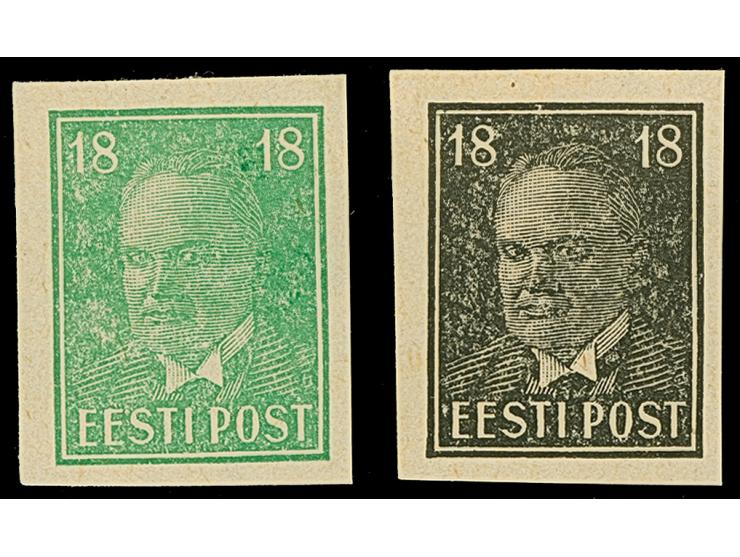 1939, Päts 18 senti, imperforated proofs on umgummed paper, in green and black, very fine, signed Prof. Winterstein