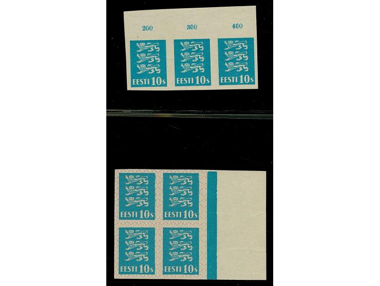 1928, Coat of Arms 10 senti, turqoise-blue, imperforated block of four with burelage and horizontal strip of three with upper