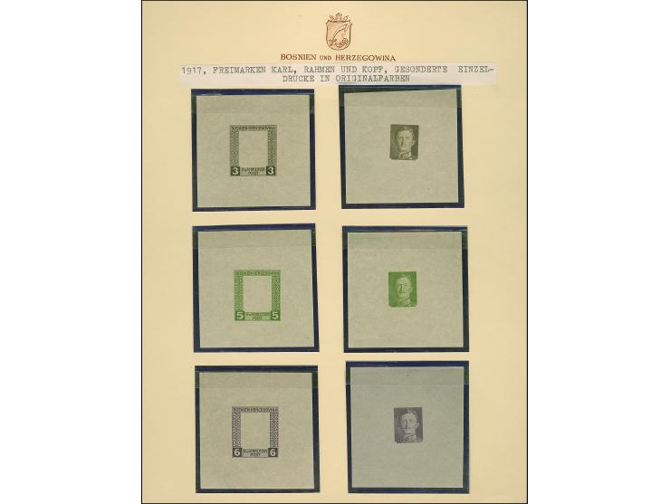 1917, Kaiser Karl I. 3 H. - 2 Kr., ungezähnte Probedrucke nur des Rahmens bzw. des Mittelstücks in Originalfarben im Blockfor