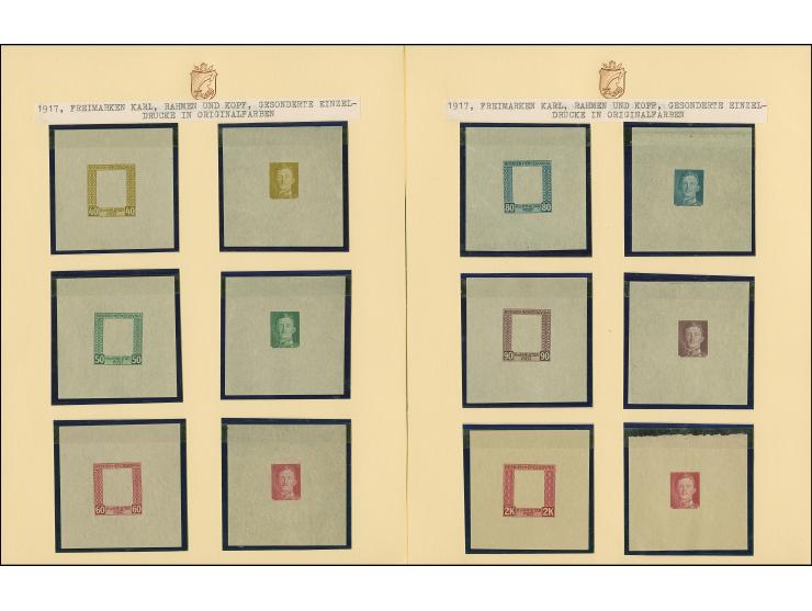1917, Kaiser Karl I. 3 H. - 2 Kr., ungezähnte Probedrucke nur des Rahmens bzw. des Mittelstücks in Originalfarben im Blockfor