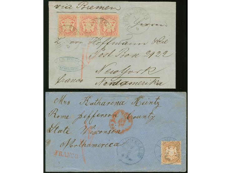 3 Kreuzer rosa im waagerechten 3er-Streifen bzw. 9 Kr. braun, je farbfrisch und gut gezähnt, auf Briefhülle bzw. Briefkuvert 