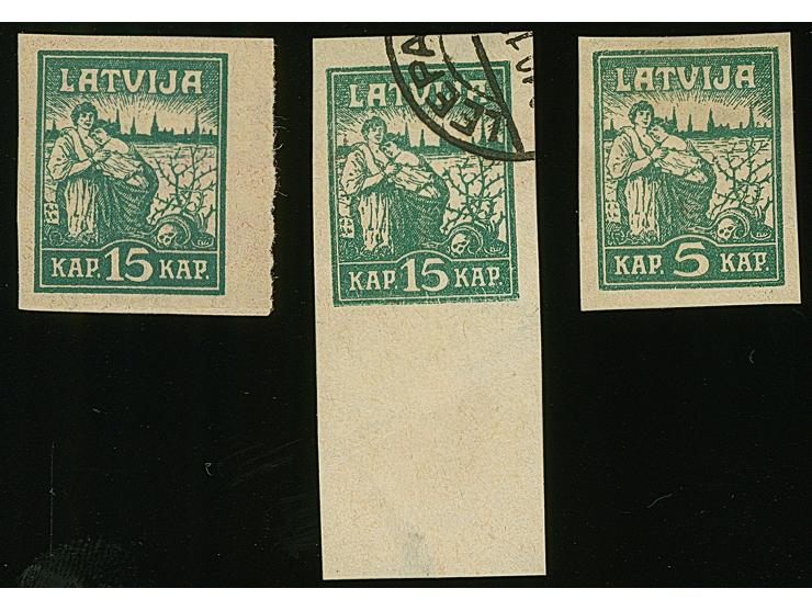1919, Liberation of Riga 5 and 15 kopeks green, on multicolored resp. red label paper, without gum, in addition 15 kopek on m