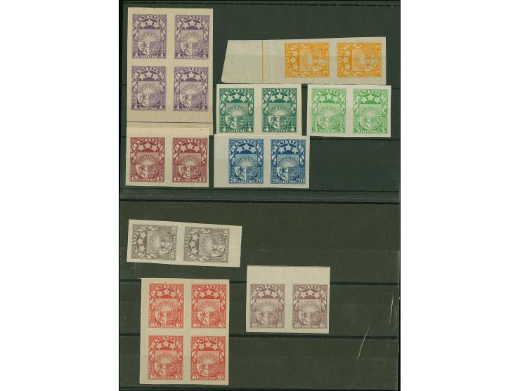 1924/25, Coat of arms 1-50 santimi, imperforated archival proofs, mostly horizontal pairs, 1 and 10 santimi as block of four,