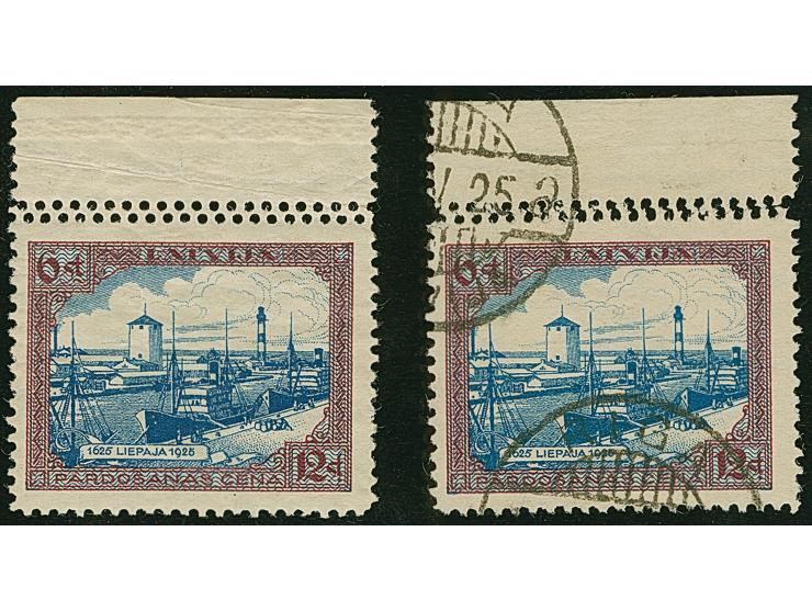 1925, Tercentenary of Liepaja 6 santimi, with upper margin with double perforation, mint never hinged and used, the latter on