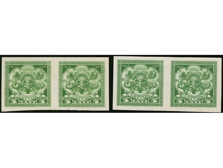 1933, Coat of arms 5 lats green, archive proof, imperforated horizontal pairs, both watermarks, without gum, scarce, fine