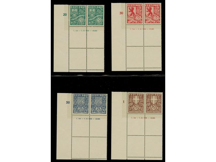 1939, Caritas 10-50 senti, blocks of four from the lower right sheet corner with printing Dates in the margin and additional 