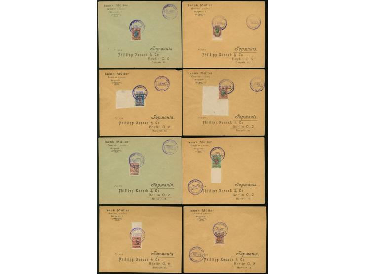 1919, 50 skatiku on 3-70 kopeks, each tied by violet cachet “GRODNO” to pre-printed envelopes adressed to Philipp Kosack on B