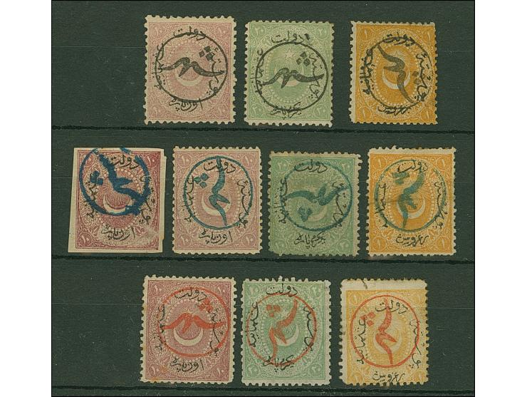 1875, SHEHIR overprints (isfila Type II) in black, blue and red on 1875 Duloz issue 10 pa. mauve, 10 pa. lilac (imperf), 20 p
