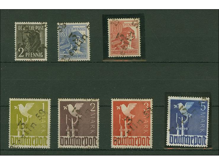 “3/Berlin 58” (Arge 3/16a) auf Arbeiter 2, 60 Pfg. karminrot und 80 Pfg. sowie Taube 1-5 M., 7 Werte, kpl. Schaltersatz mit d