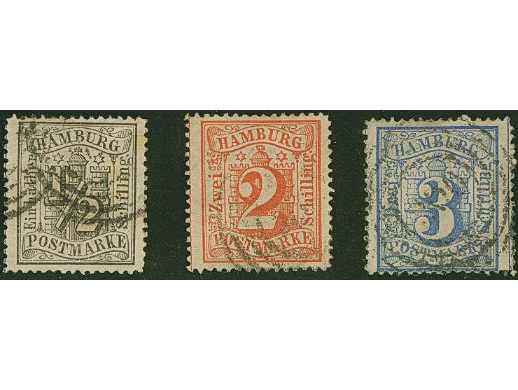 “300”, der Thurn &amp; Taxis-Nummernstempel auf gezähnter Ausgabe 1⁄2 Sch. schwarz, 2Sch. rot und 3 Sch. ultramarin&nbsp;&nbs