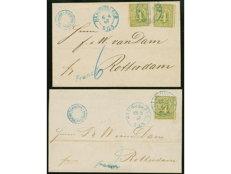 4 Sch. grün, einzeln bzw zwei Stück auf zwei Briefen der 1. bzw 2. Gewichtsstufe derselben Korrespondenz, je mit blauem DKr. 