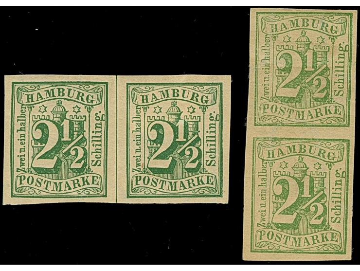 2½ Sch. dunkelolivgrün in 2 stark unterschiedliche Nuancen, jeweils im ungezähnten Paar, ungebraucht mit Originalgummi.&nbsp;