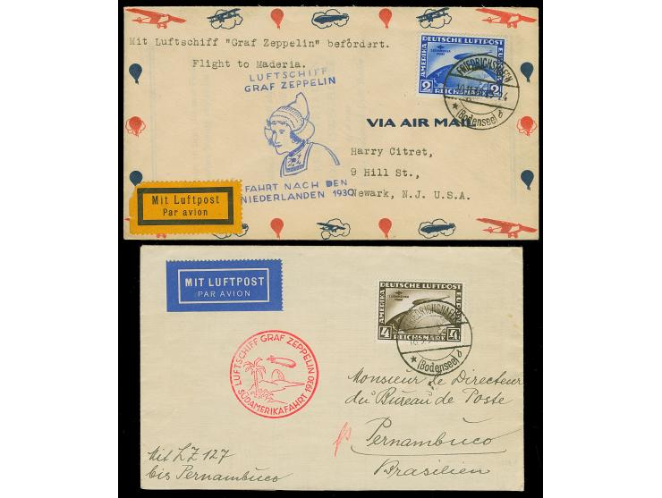 1930, Südamerikafahrt 2 und 4 M. mit stehendem Wasserzeichen, jeweils mit Stempel “FRIEDRICHSHAFEN 18.5.30” bzw. vom 10.11.30