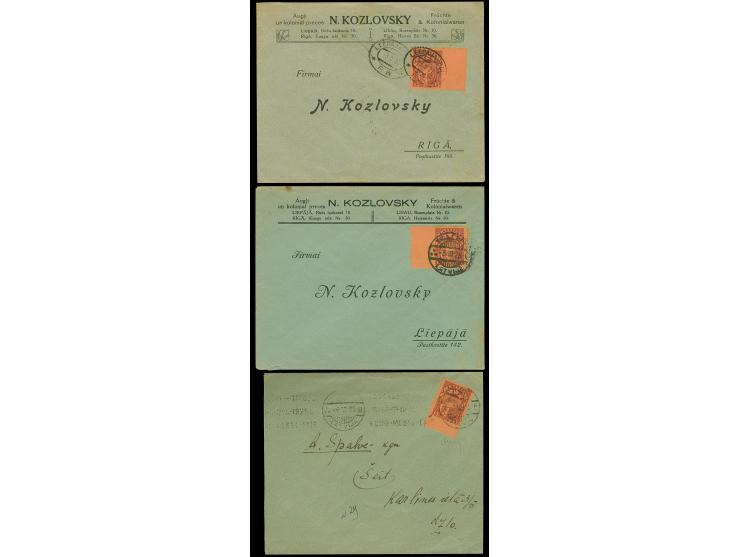 1925, Coat of arms 15 santimi red-brown on salmon, three single frankings, the stamp imperforated at left, at right and at bo