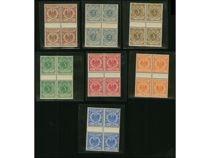 1889/1900, Krone/Adler, 3 - 50 Pfg. und 2 Pfg., je im Viererblock mit zwei senkrechten Zwischenstegpaaren, farbfrisch und gut