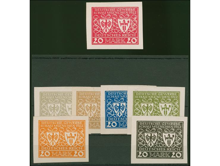 1922, Gewerbeschau München 20 Mark, sieben verschiedenfarbige ungezähnte Essays im Großformat auf Kunstdruckpapier ohne Gummi