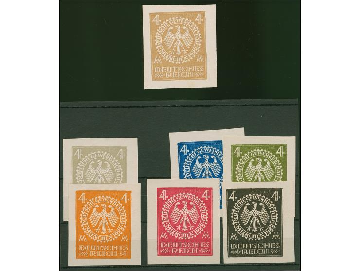 1922, Gewerbeschau München 4 Mark, sieben verschiedenfarbige ungezähnte Essays im Großformat auf Kunstdruckpapier ohne Gummie