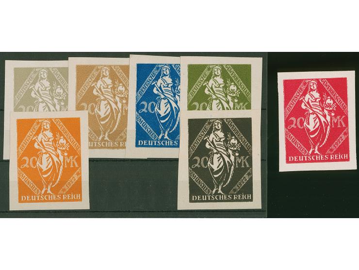 1922, Gewerbeschau München 20 Mark, sieben verschiedenfarbige ungezähnte Essays im Großformat auf Kunstdruckpapier ohne Gummi