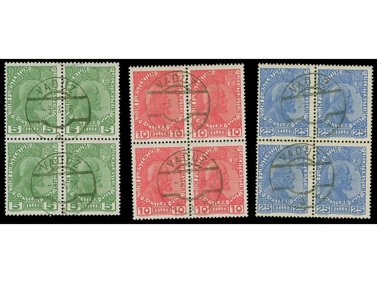 1912, Fürst Johann II. 5-25 H. mittelultramarin auf normalem Papier im kpl. Viererblock-Satz jeweils mit zwei klaren Stempeln