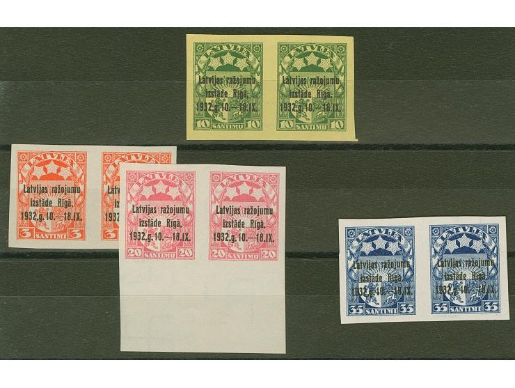 1932, Riga Exhibition 3-35 santimi, archive proofs, imperforated horizontal pairs, without gum, scarce, fine