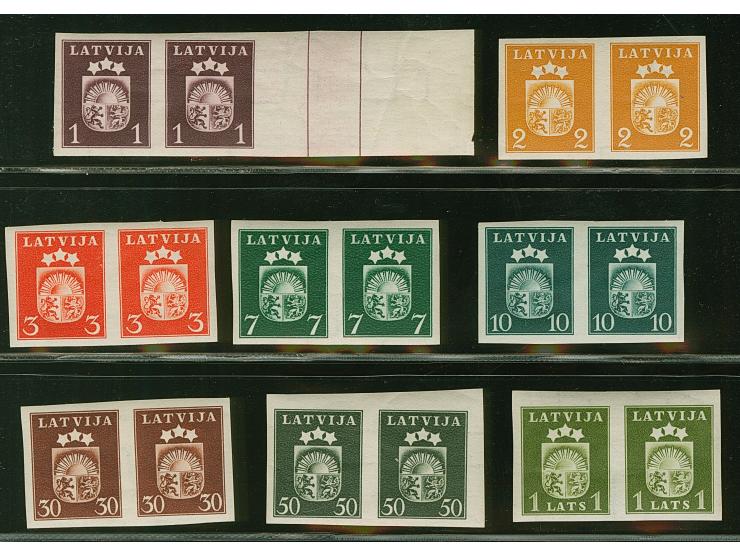 1940, Coat of arms, archival proofs, 1-3, 7-30 santimi and 50 santimi and 1 l., each as imperforated, horizontal proof, mint 