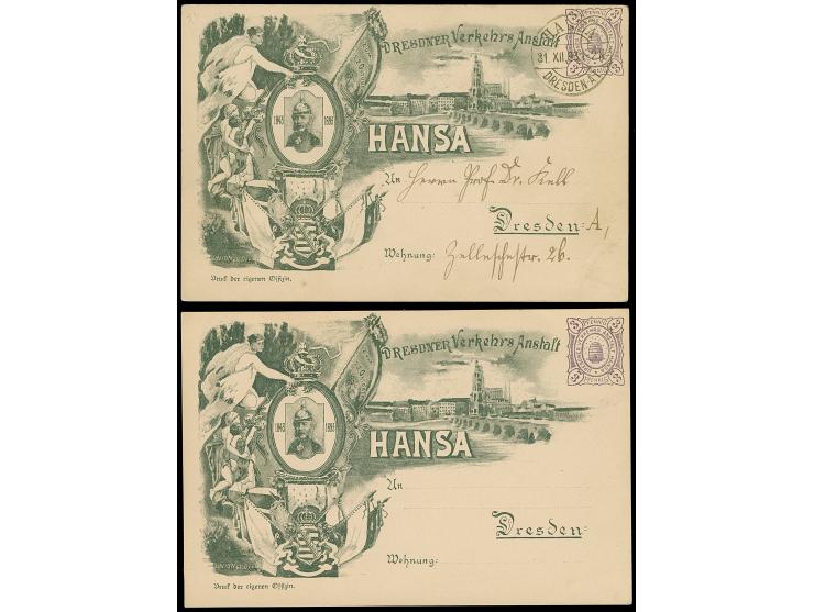 Hansa: 1483, Sonder-Ganzsachenkarte 3 Pfg. “König Albert zum 50-Jahr Jubiläum” ungebraucht und einmal gebraucht mit Stempel “