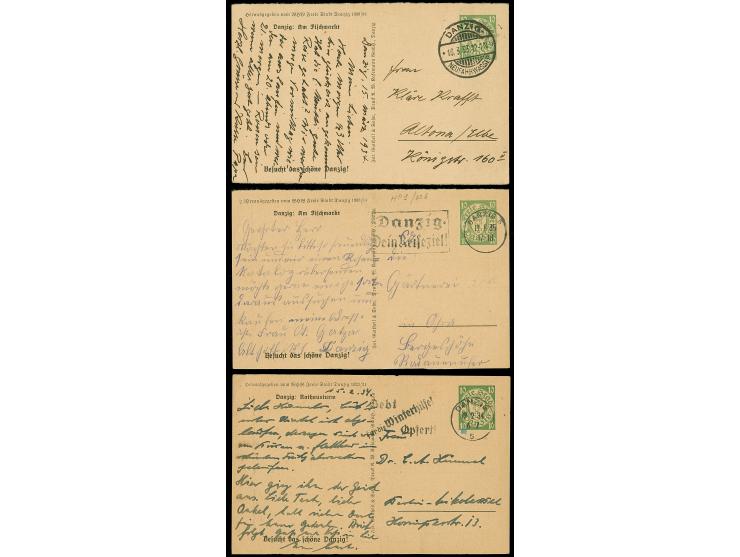 HALBAMTLICHE POSTKARTE: 1934, Winterhilfswerk 10 Pfg. grün, 3 Stück ( ‘Rathausturm’ und ‘Am Fischmarkt’) sauber bedarfsgebrau