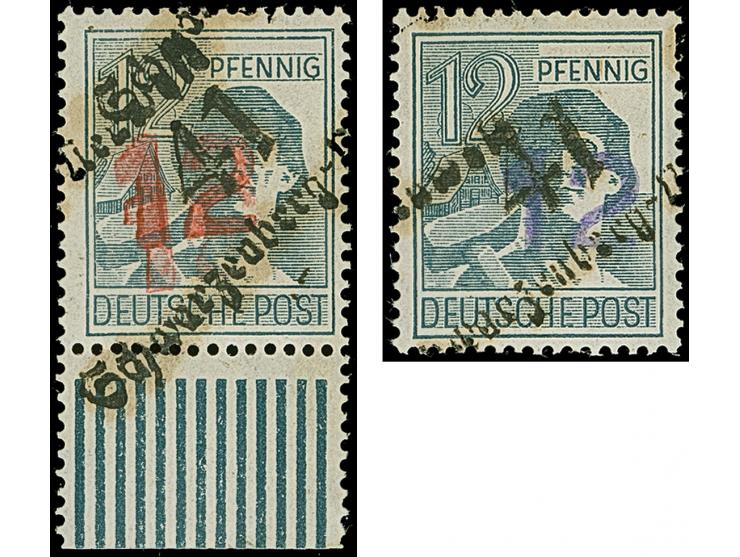 “41/Schwarzenberg-Neuwelt” auf 12 Pfg., 2 Werte mit zusätzlichem roten bzw. violetten Aufdruck “12”, ersteres vomUnterrand, p