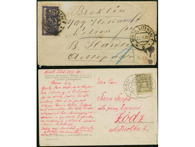 Polish-Soviet War: Sejm 1m. and Coat of arms 25f., tied by cds. “MINSK LITEWSKI” to cover resp. card, addressed to Brooklyn, 