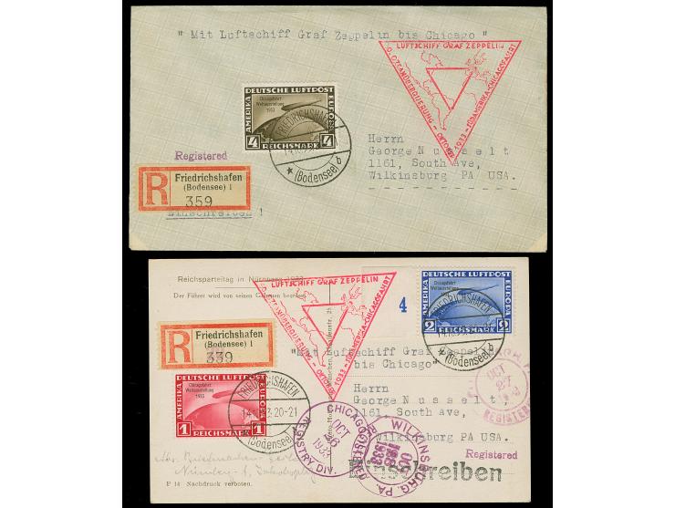 1933, Chicagofahrt 1-4 M. kpl. auf einem Zeppelinbrief und einer R-Zeppelinkarte, ab “FRIEDRICHSHAFEN 14.10.33 20-21” nach Wi