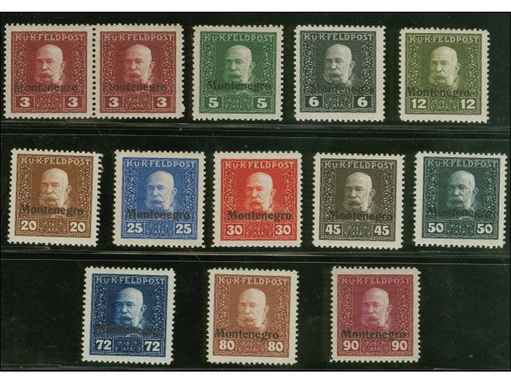 1918, nicht ausgegebene Werte mit waagerechtem schwarzen Aufdruck "Montenegro": 3 Heller im waagerechten Paar und 5 Heller-90