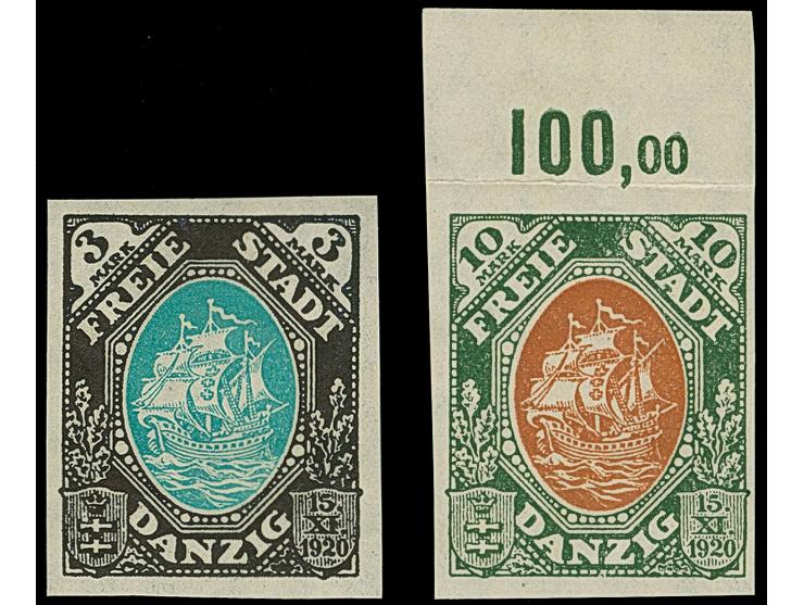 Kogge 3 und 10 M., undurchstochen, 10 M. mit Oberrand, nur dort gefaltet, postfrisch, einwandfrei, sign. Kniep BPP