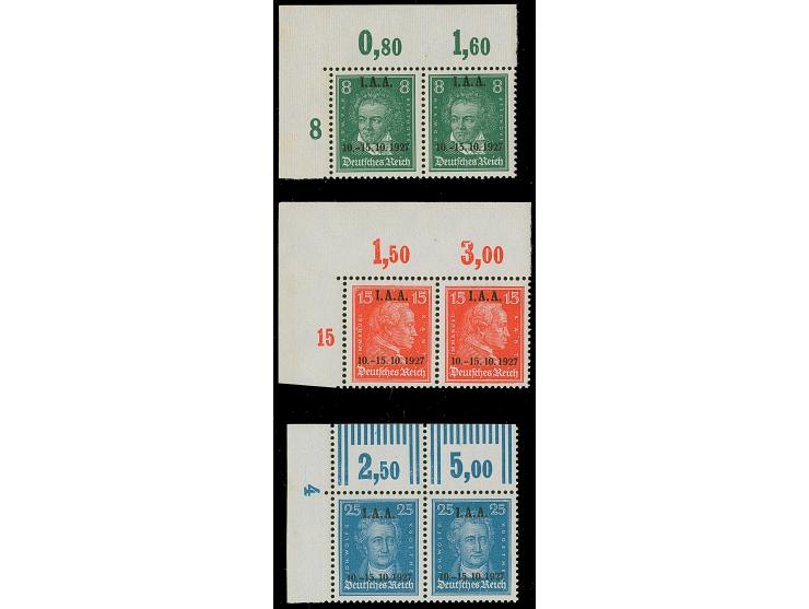 1927, I.A.A. 8-25 Pfg., jeweils aus der linken oberen Bogenecke, dabei 8 Pfg. und 15 Pfg. mit Aufdruckfehler '0 links abgesch
