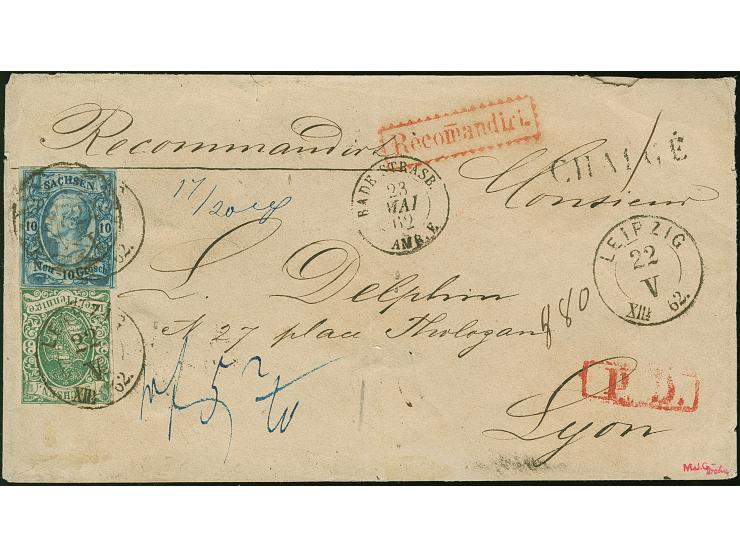 10 Ngr. blau, glasiges Papier, allseits breitrandig, zusammen mit leicht berührter Wappen 3 Pfg. grün, beide mit DKr. "LEIPZI