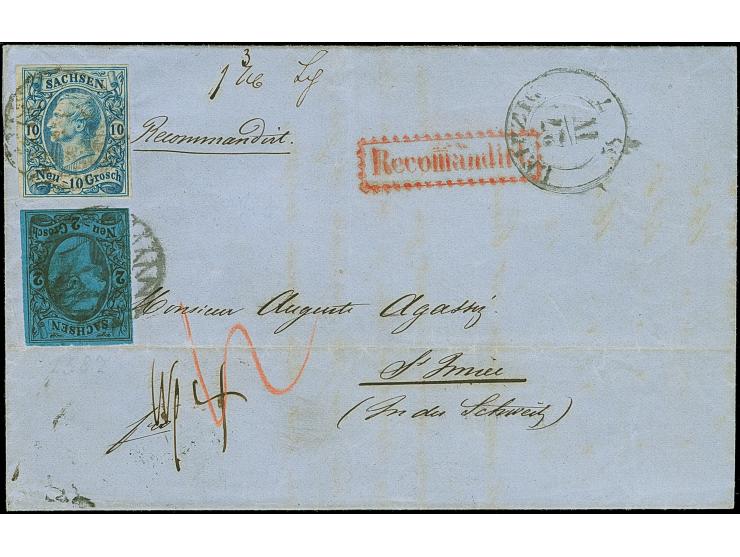 10 Ngr. milchblau und 2 Ngr. auf blau, beide voll- bis meist breitrandig, mit Nr. 2" und nebengesetztem DKr. Leipzig 27/IV 58