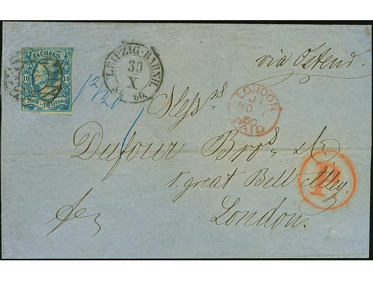 10 Ngr. blau, voll- bis überrandig, unten mit Teil der Nachbarmarke, mit Nr. "4" und nebengesetztem Doppelkreisstempel "LEIPZ