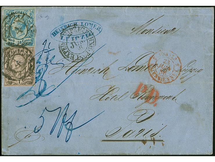 10 Ngr. milchblau und 1 Ngr. auf mattgraurot, beide voll-bis breitrandig, mit sauber aufgesetzter Nr. 4 und nebengesetztem Do