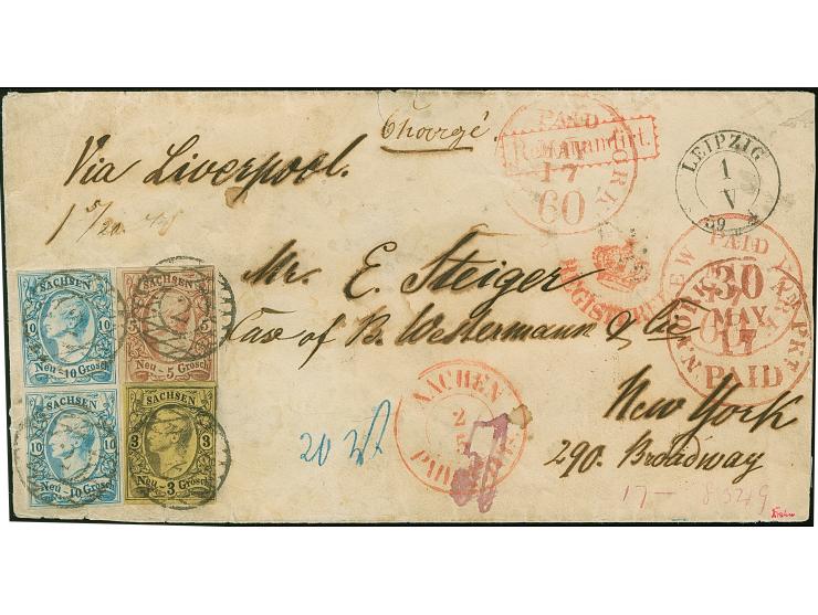 10 Ngr. milchblau im senkrechten Paar, 5 Ngr. ziegelrot und 3 Ngr. auf gelb, mit Nr. "2" und nebengesetztem Doppelkreisstempe