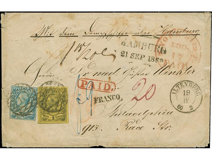 10 Ngr. milchblau, unten breitrandig, sonst Zwergschnitt, zusammen mit allseits breit- bis überrandiger 3 Ngr. auf gelb, mit 