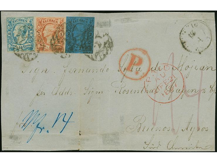 10 Ngr. milchblau, 5 Ngr. bräunlichrot und 2 Ngr. auf blau, als Streifen geklebt, mit verquetscht aufgesetzter Nr. "2" und ne