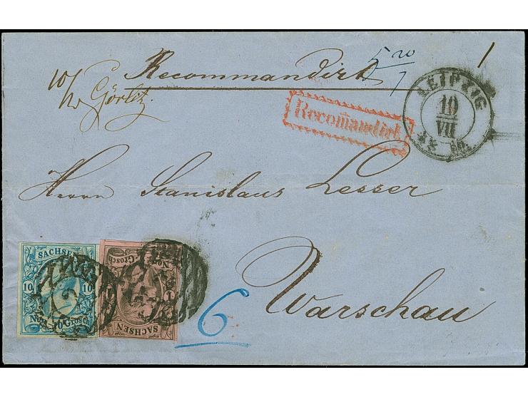 10 Ngr. milchblau und 1 Ngr. auf mattgraurot, letztere oben berührt, sonst beide voll- bis meist breitrandig, mit Nr. "2" und