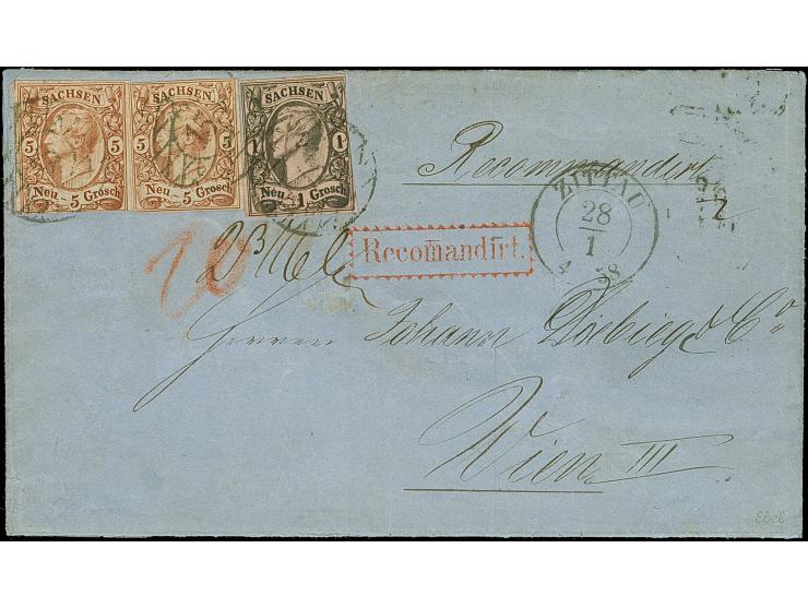 5 Ngr. rostbraun, 2 Einzelwerte, zusammen mit 1 Ngr. auf mattgraurot, alle einseitig berührt, sonst einwandfrei und farbfrisc