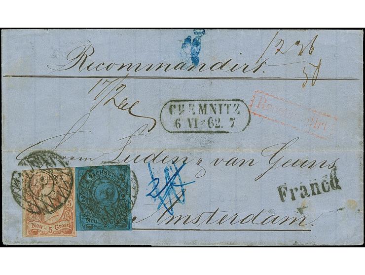 5 Ngr. ziegelrot, voll- bis meist breitrandig, zusammen mit kurz berührter 2 Ngr. auf blau, mit Nr. 8 und nebengesetztem Rahm