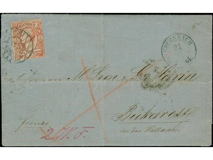 5 Ngr. karminrosa, rechts oben mit der Randlinie geschnitten, sonst voll- bis breitrandig, mit Nr. "113" und nebengesetztem D